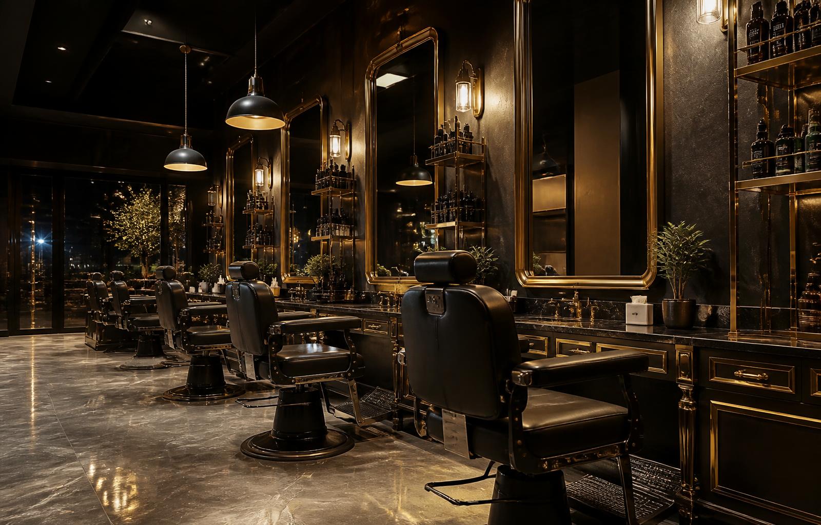 Dark luxury interior of Beyefendi Gents Salon with warm golden lighting